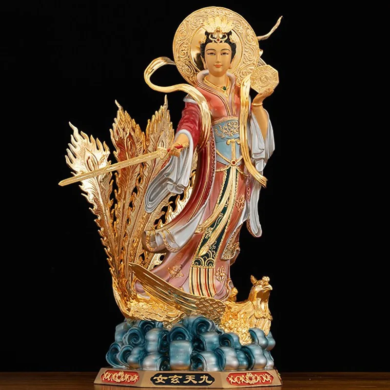 Jiutian Xuannu statue af forgyldt malet massiv messing