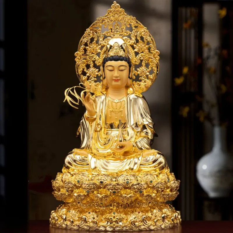 Guld forgyldt Lotus Buddha Guanyin Bodhisattva statue